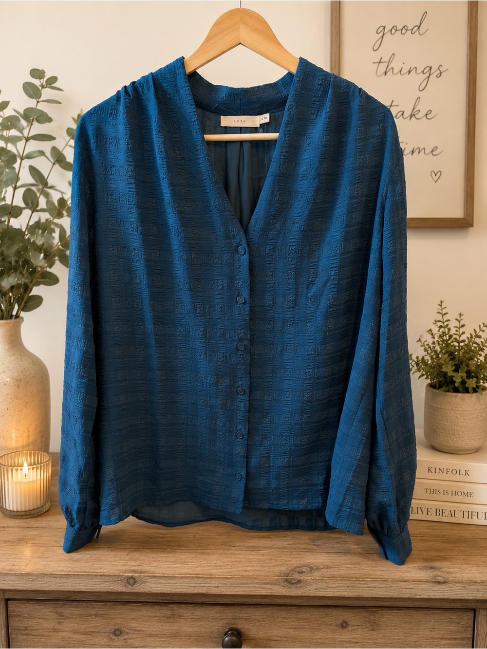 Lush Textured V-Neck Button-Front Blouse - Teal NWT